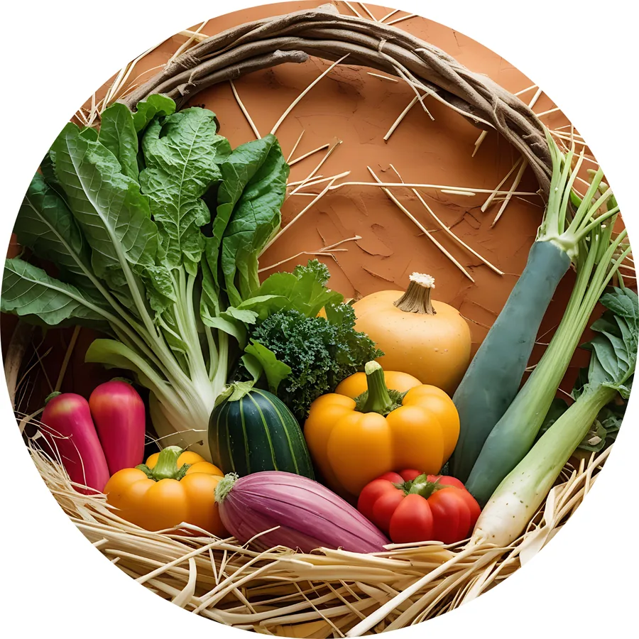 Un panier en osier garni de légumes de saison